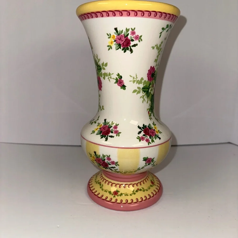 Laura Ashley‎ Floral Ceramic Vase Yellow Pink Roses Pedestal Decorative Accent